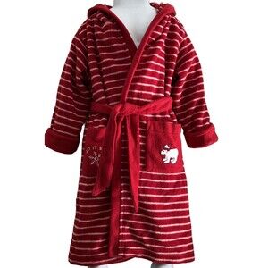 Fleece Red/White Stripe Hooded Holiday Robe embroidered Polar Bear Child Small.